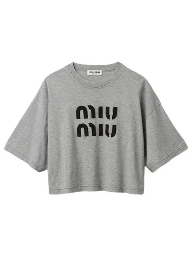 W 미우 미우 코튼 티셔츠 자수 로고 그레이 W Miu Miu Cotton T Shirt with Embroidered Logo Grey