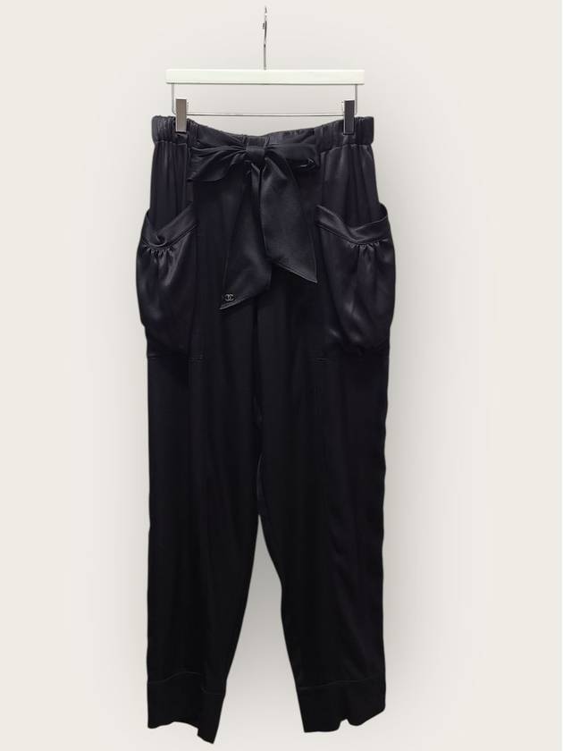 샤넬 블랙 실크 포켓 CC로고 리본 조거 팬츠 38
