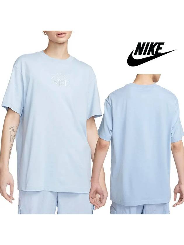 나이키 반팔 여성 드레이프 자수 로고 탑 티셔츠 스카이블루