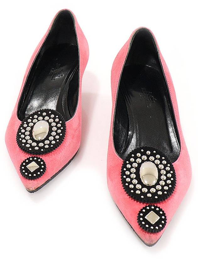 Hermes 에르메스 H172007Z 핑크 스웨이드 메탈 도트 장식 펌프스 여성 구두 35