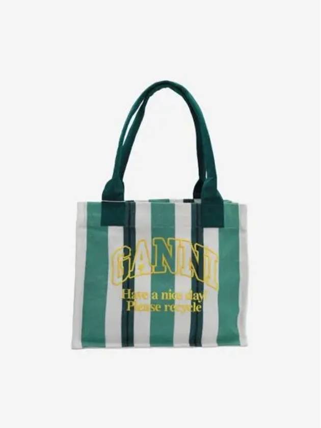 가니 라지 스트라이프 캔버스 토트백 그린 Ganni Large Striped Canvas Tote Bag Green