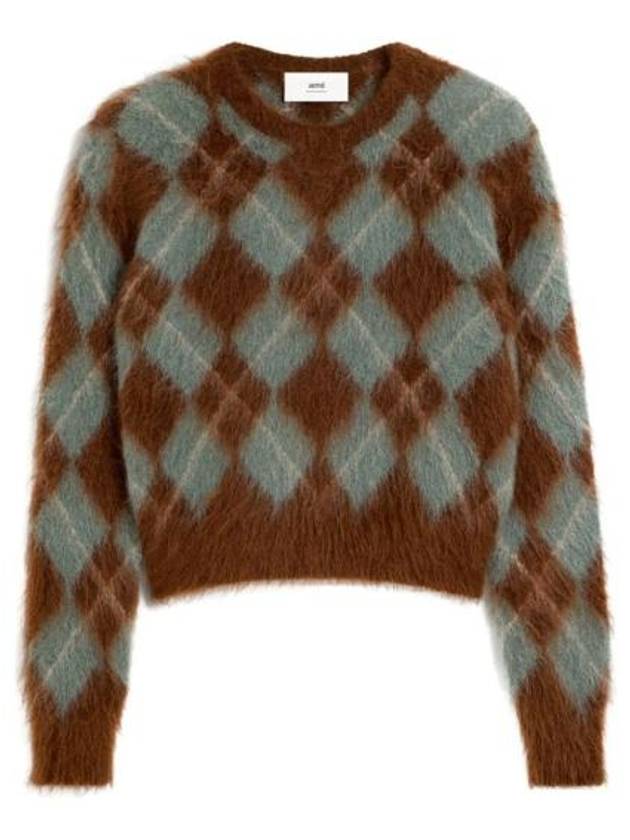 아미 아가일 알파카 모헤어 브러시드 니트탑 그린 브라운