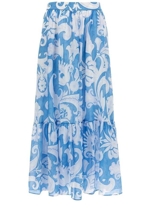 에트로 플로럴 프린트 엘라스틱 웨이스트 미디 A라인 스커트 블루