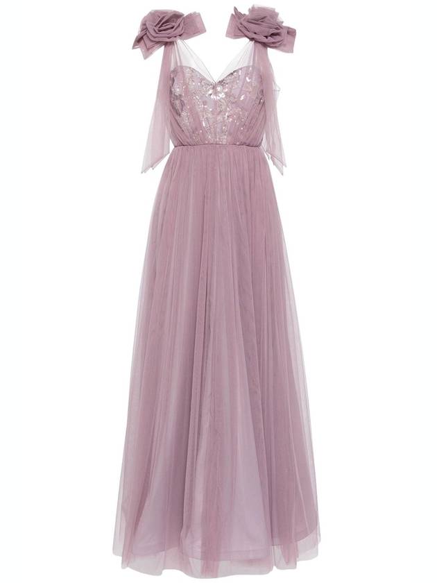 TULLE GOWN WITH SEQUINED BODICE AND FLORAL SHOULDER ACCENTS