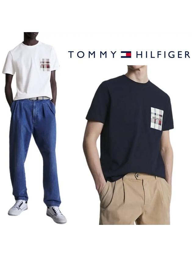 타미힐피거 모노타이프 체크 무늬 탑 반팔티셔츠 화이트 네이비