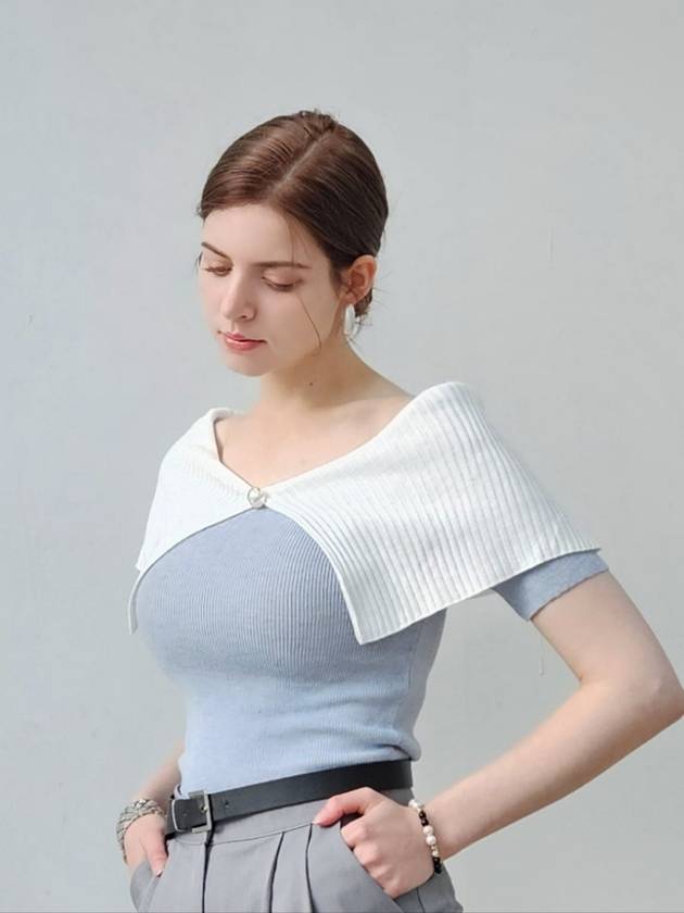 케이프스타일 카라 니트탑ㅡ스카이블루 Cape collar Knit top