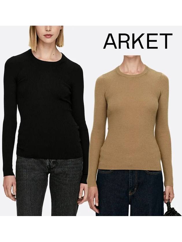 아르켓 맨투맨 여성 골지 메리노울 탑 티셔츠 블랙 베이지