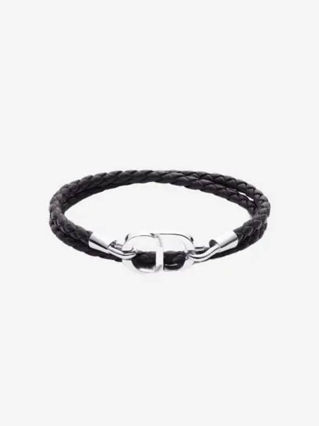 디올 CD 아이콘 브레이디드 카프스킨 레더 브레이슬릿 블랙 실버 피니쉬 브라스 Dior CD Icon Braided Calfskin Leather Bracelet Black Silver Finish Brass