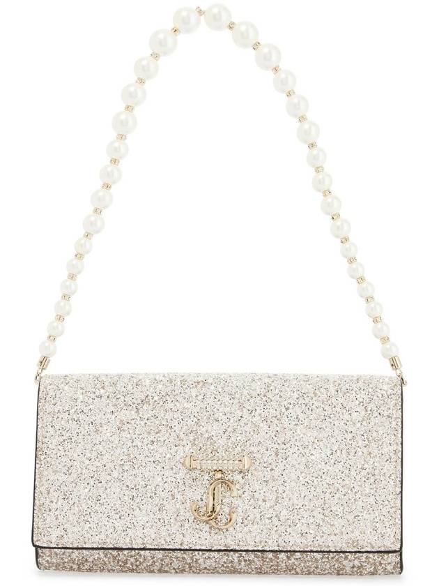 Jimmy Choo Portafoglio A Catena Tessuto Glitterato Sabbia Chiaro Perle Bianche Piccolo