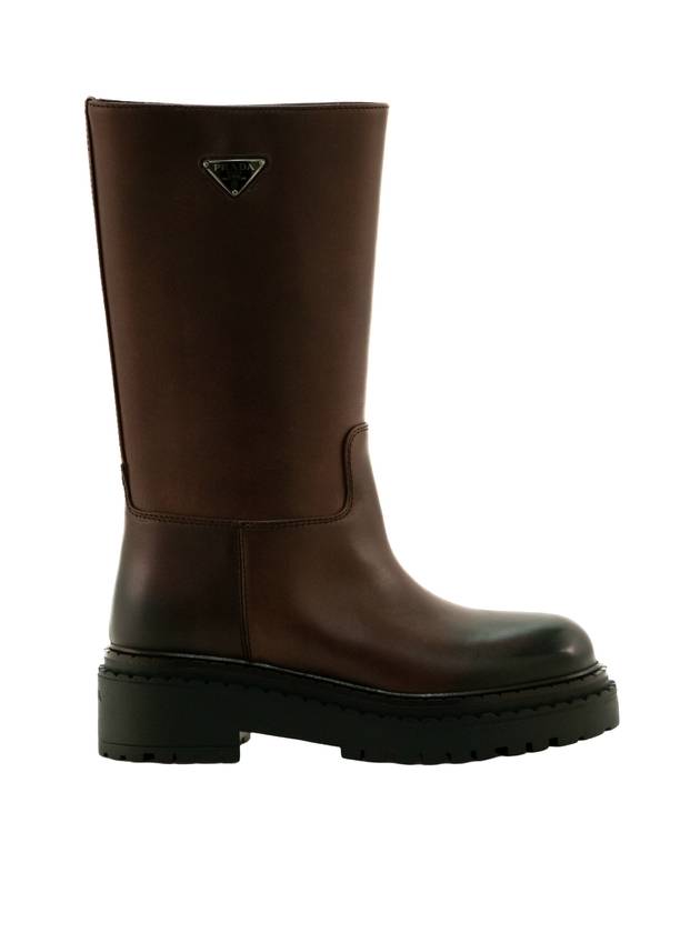 프라다 로고 레더 미들 부츠 브라운