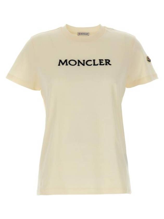 몽클레르 엠브로이더드 블랙 로고 코튼 반팔 티셔츠 베이지