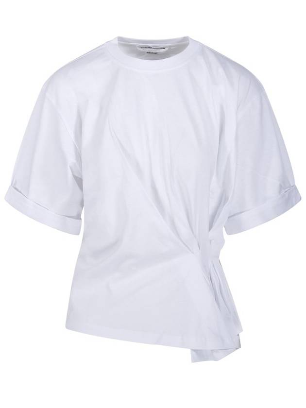 빅토리아 베컴 로고 자수 러칭 디테일 티셔츠