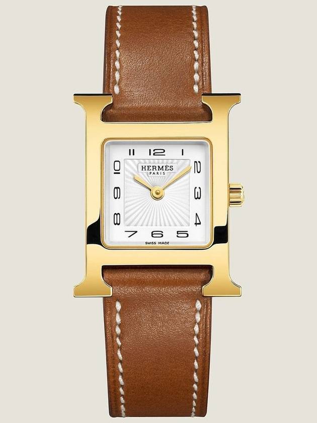 HERMES 에르메스 H 아워 Heure H 25mm PM 스몰 골드 프레임 바레니아 골드 스트랩 금장 손목 시계