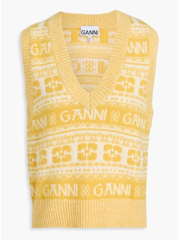 GANNI 가니 그래픽 브이넥 울 니트 베스트 옐로우 가니베스트 가니쪼끼