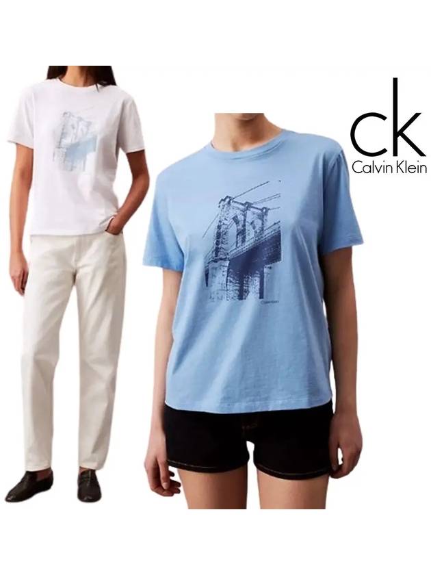 캘빈클라인 반팔 여성 브루클린 다리 탑 티셔츠 화이트 블루