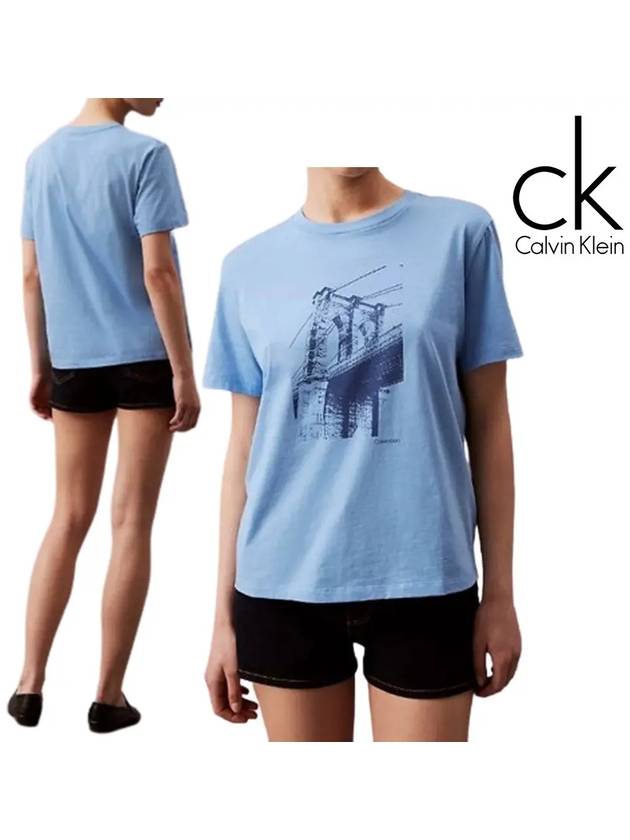 캘빈클라인 반팔 여성 브루클린 다리 탑 티셔츠 블루