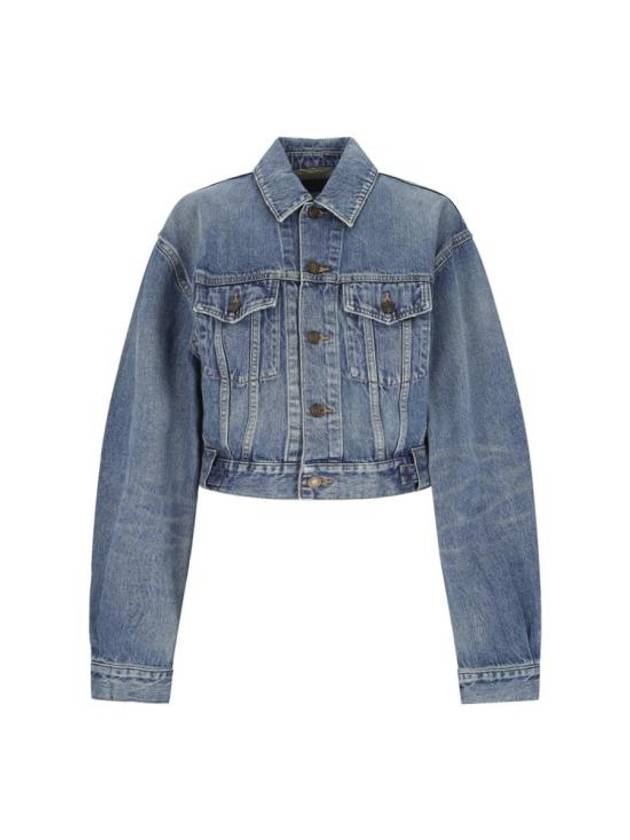 생로랑 디스트레스드 크롭 코튼 데님 자켓 블루