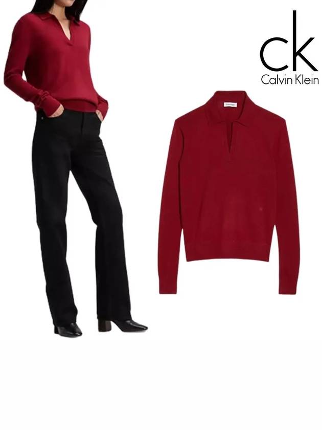 캘빈클라인 맨투맨 여성 파인 메리노 탑 긴팔 스웨터 레드