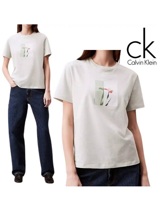 캘빈클라인 반팔 여성 블러 플라워 탑 티셔츠 민트