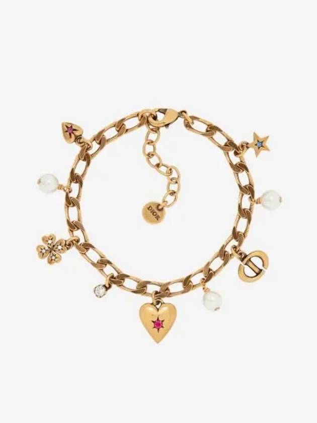 W 디올 럭키 참 브레이슬릿 화이트 레진 펄 멀티컬러 크리스탈 앤티크 골드 피니쉬 메탈 W Dior Lucky Charms Bracelet Antique Gold Finish Metal with White Resin Pearls and Multicolor Crystals