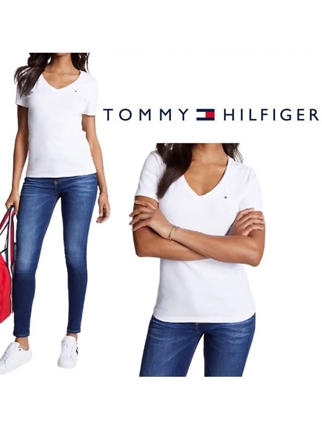 타미힐피거 여성 로고 페이버릿 브이넥 탑 반팔티셔츠 화이트