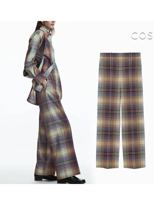 코스 레그 체크 울 블렌드 와이드 팬츠 바지 블루 베이지
