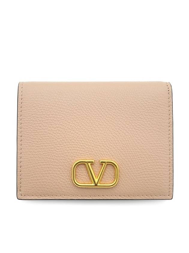 발렌티노 컴팩트 V로고 시그니처 카프스킨 반지갑 베이지