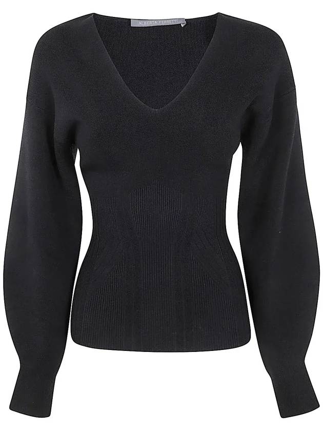 Alberta Ferretti 퍼프 슬리브 V넥 점퍼 09266604_0555NERO