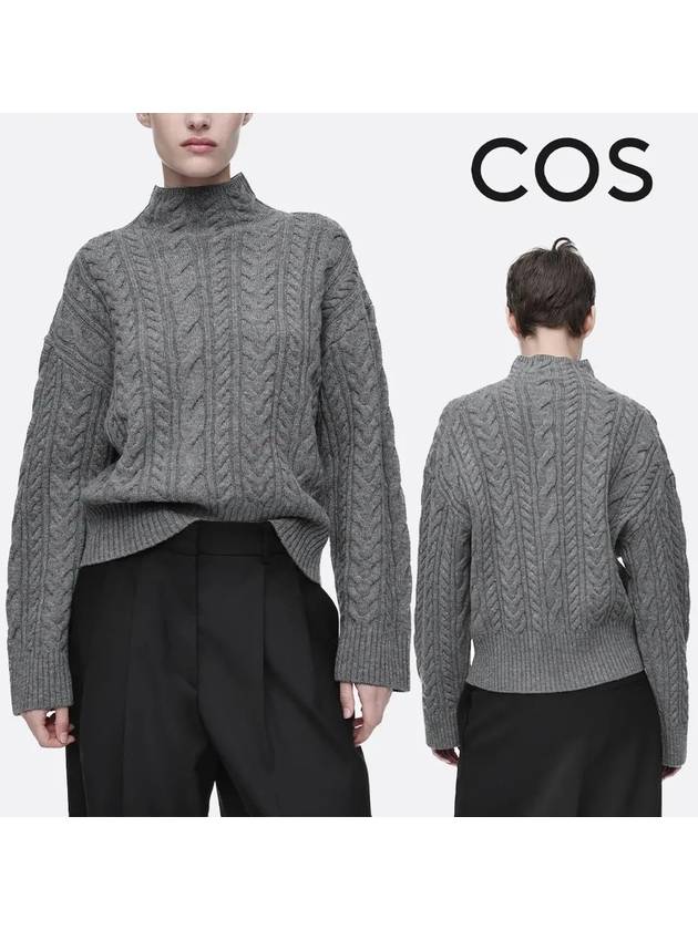 코스 니트 케이블 패턴 칼라 울 탑 티셔츠 그레이
