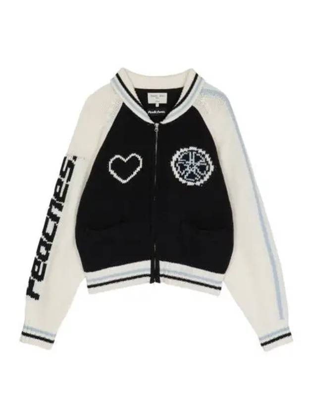 W 마뗑킴 x 피치스 자카드 그래픽 니트 집업 네이비 W Matin Kim x Peaches Jacquard Graphic Knit Zip Up Navy