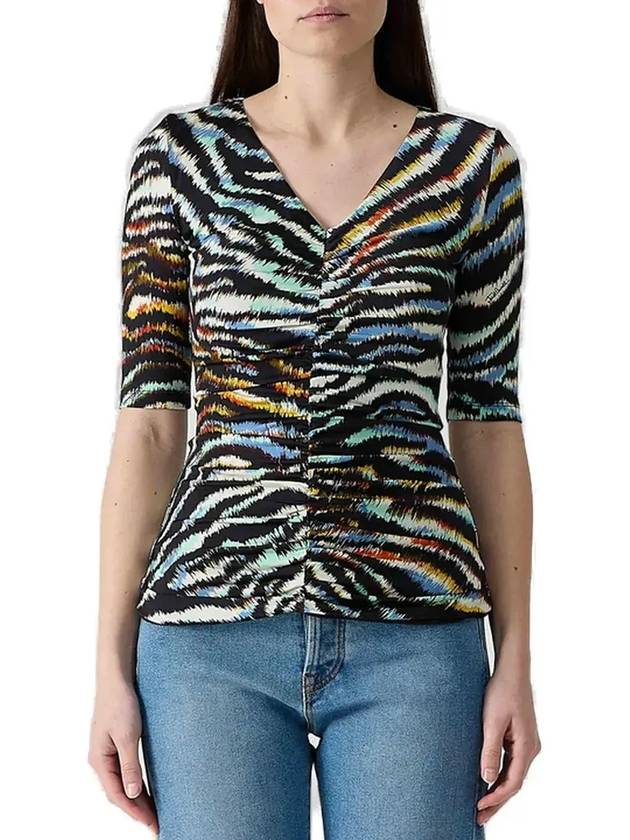 Just Cavalli 지브라 프린트 V넥 탑 76PAH617_MS3