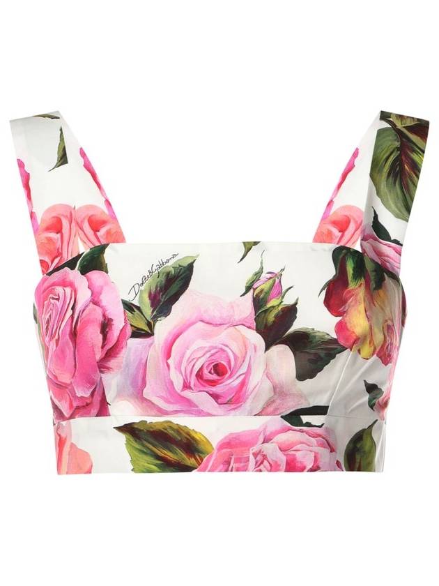 돌체앤가바나 플로럴 프린트 크롭 슬리브리스 화이트