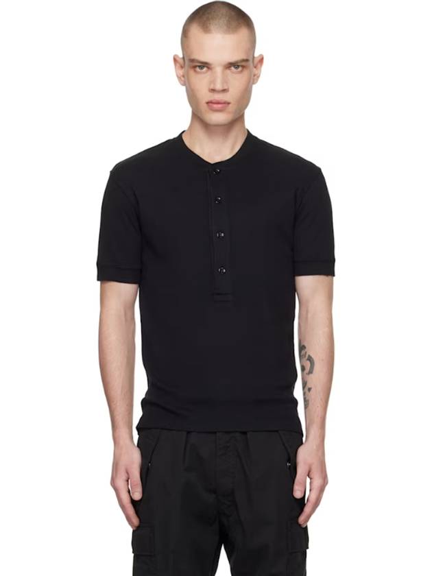 Black Cotton Modal Rib Henley 251076M211003