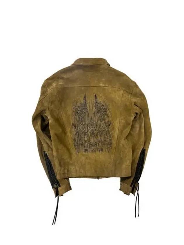 언더마이카 대성당 자수 올리브 스웨이드 트러커 자켓 올리브 Undermycar Cathedral Embroidered Black Suede Trucker Jacket Olive