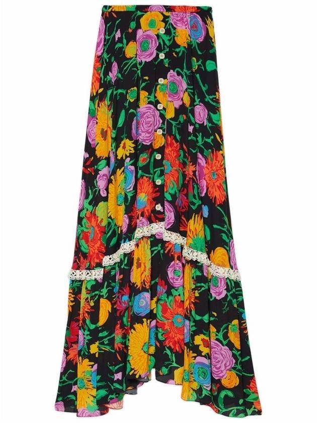 구찌 X 켄 스캇 플라워 프린트 버튼 디테일 비스코스 A라인 스커트 블랙