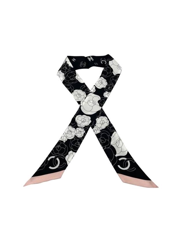 샤넬 까멜리아 Camellia 트윌리 실크 머플러 블랙 핑크