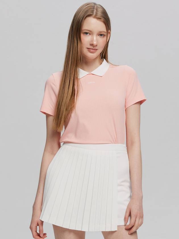 여성 골지 요꼬 배색 자수 반팔 카라넥 티셔츠 PINK