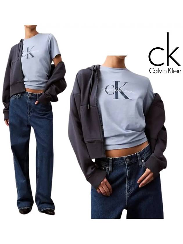 캘빈클라인 반팔 여성 컷팅 모노그램 탑 티셔츠 스카이블루