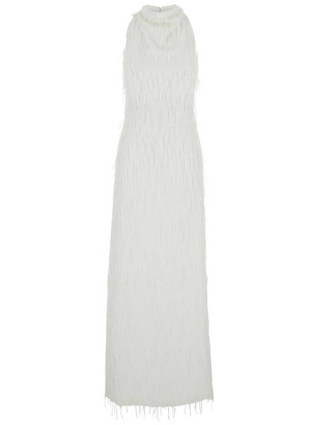 로테이트 테크 패브릭 소재의 여성스러운 흰색 롱 드레스 전면 반짝이는 프린지와 뒤쪽에 눈물방울 모양의 오프닝 113910857857