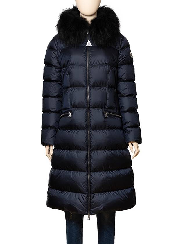 몽클레르 여성 로고 후드 시어링 트리밍 롱 다운 재킷 패딩 네이비 Boedic