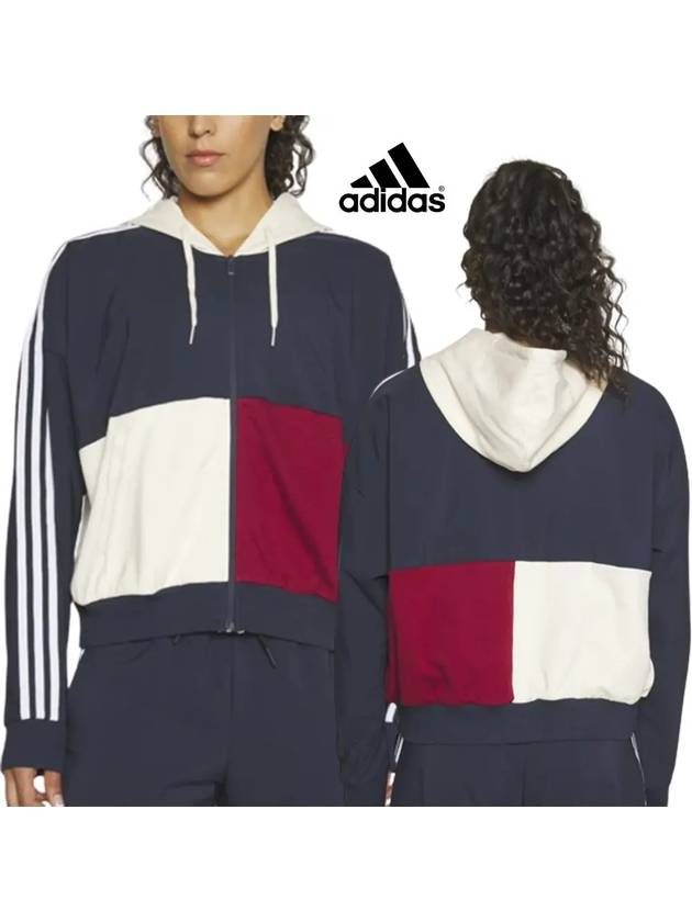 아디다스 바람막이 컬러블럭로고 여성 집업 후드 네이비 트레이닝복 오버핏 후디재킷