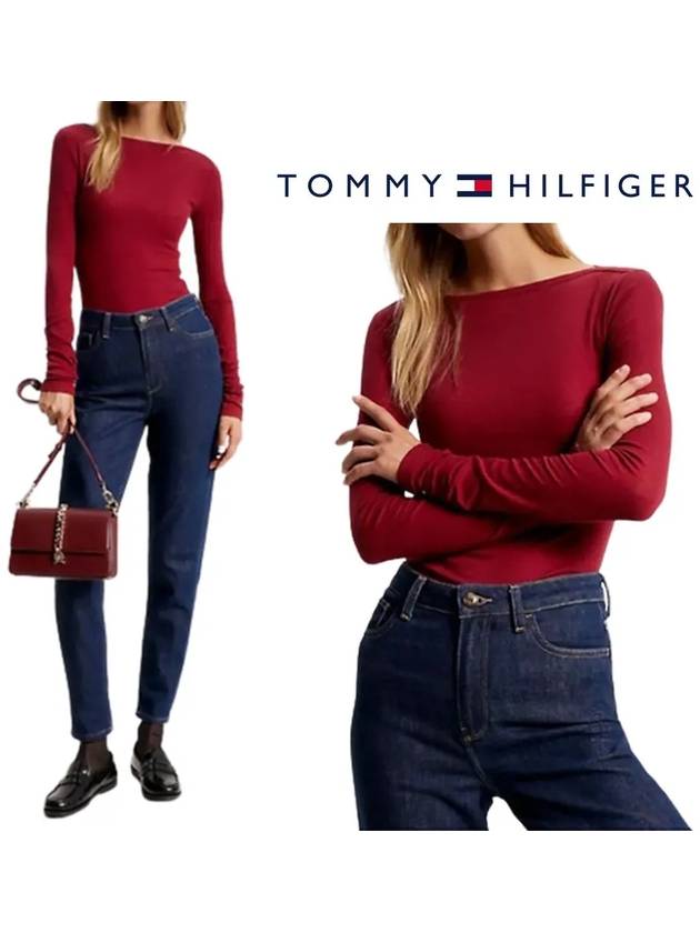 타미힐피거 여성 리브드 골지 보트넥 슬림핏 탑 긴팔티셔츠 버건디