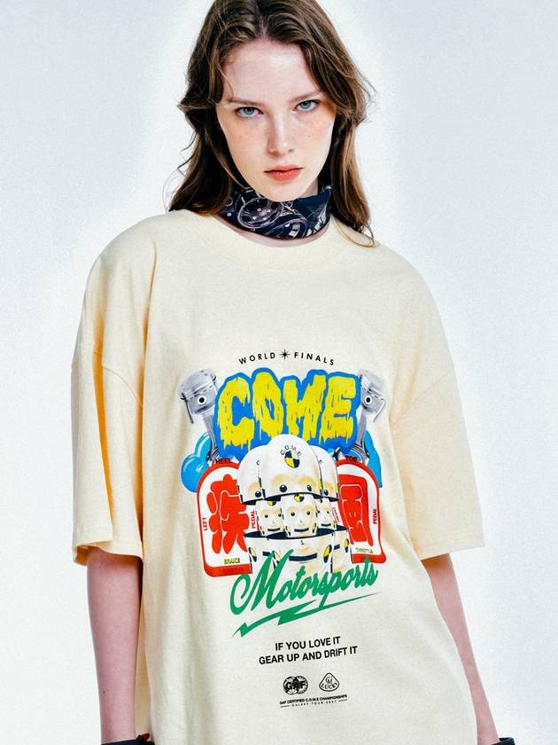 C.O.M.E Motorsports Oversized Printed Cotton Jersey T Shirt Beige