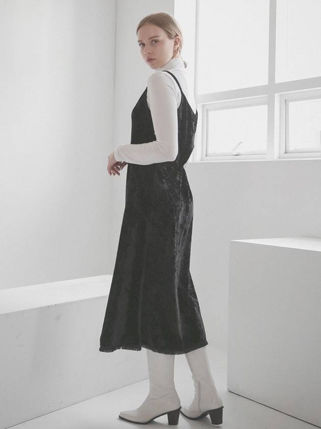 프리톤 여성 벨벳 태슬 트리밍 슬립 롱 원피스 블랙