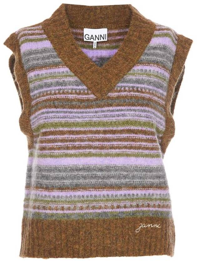 가니 스트라이프 니트 베스트 밀리터리 올리브