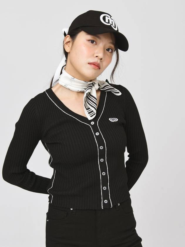 25SS 두유노우엠씨 여성 리브 조직 파이핑 배색 브이넥 블랙 가디건 DO2252KCA007