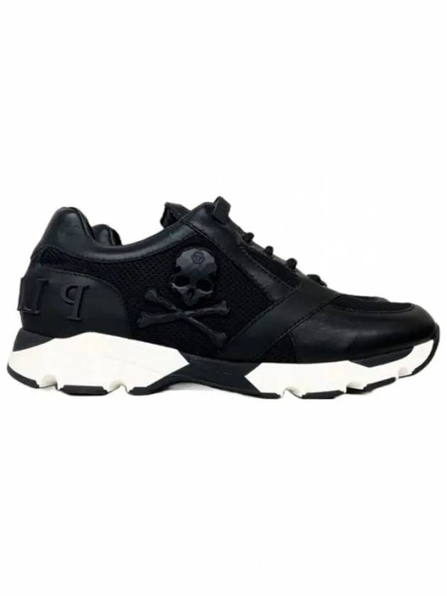 필립플레인 로고 스컬 플라크 메시 레더 로우탑 스니커즈 블랙