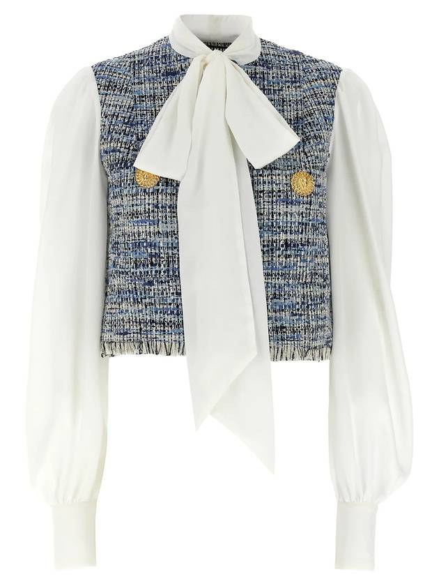 발망 타이 디테일 트위드 크롭 자켓 블루