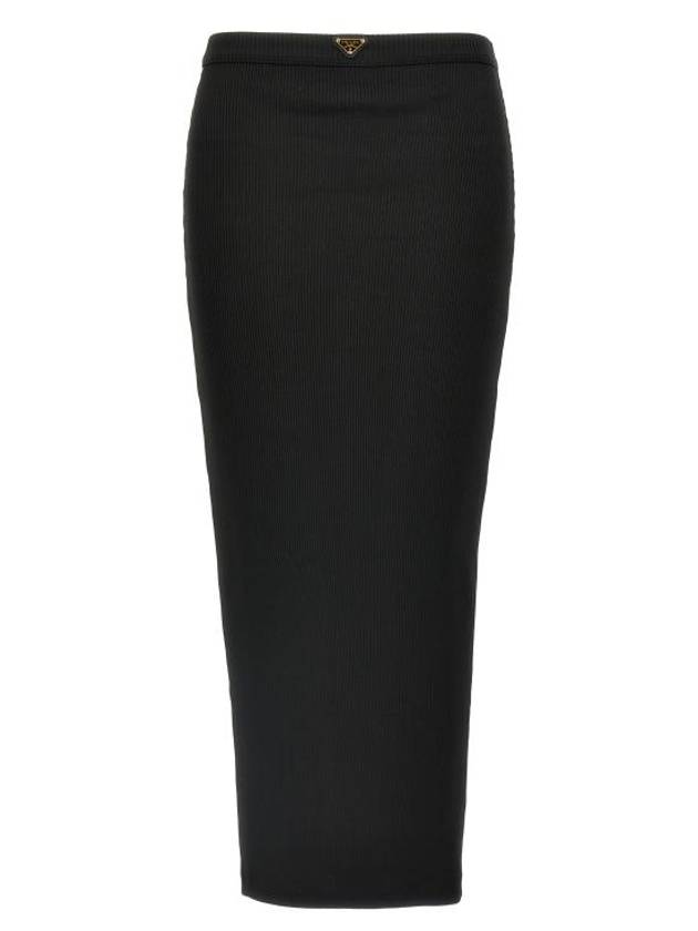 프라다 메탈 로고 H라인 스커트 블랙