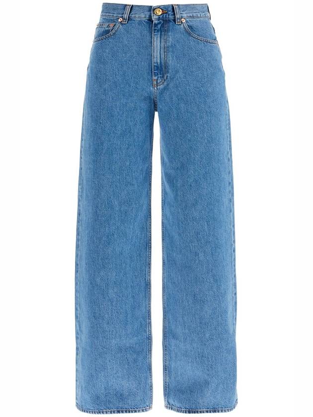 Blue Cotton Jeans With Orange Embroidery